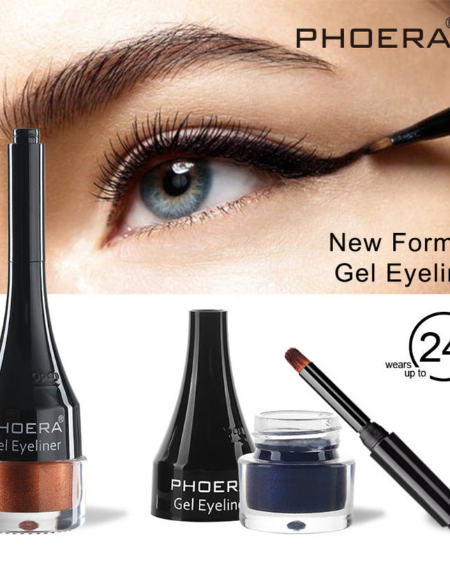 PHOERA gel eyeliner with close-up of eye application and product packaging.