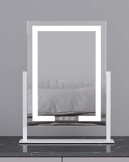 Elegant desktop LED light makeup mirror in white frame, designed for bedrooms and commercial use.