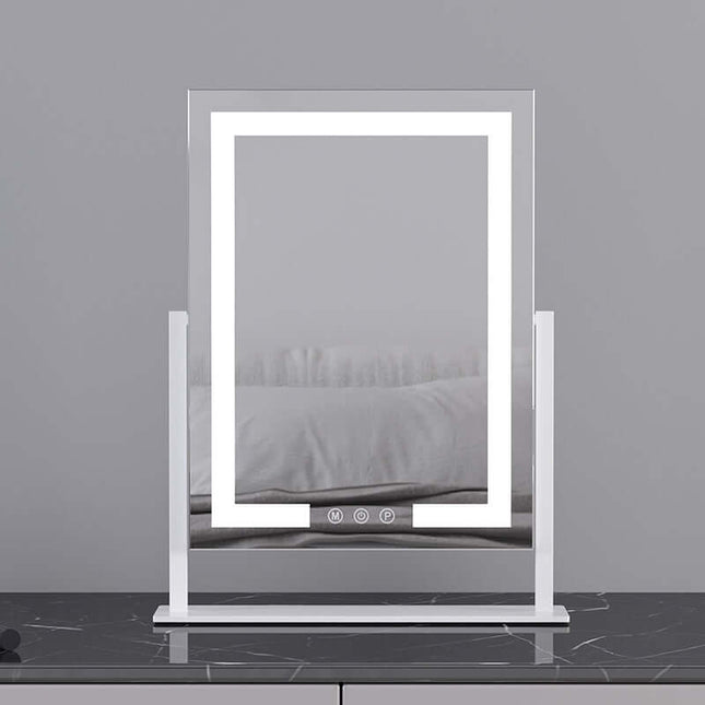 Elegant desktop LED light makeup mirror in white frame, designed for bedrooms and commercial use.