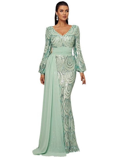 Long Sleeve Sexy Long Sequined V-neck Banquet Ribbon Evening Dress