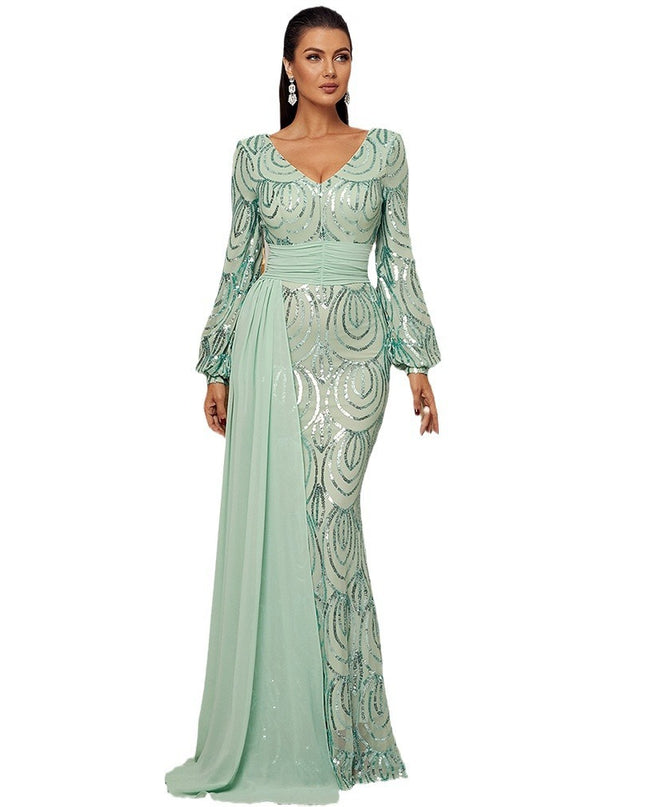 Long Sleeve Sexy Long Sequined V-neck Banquet Ribbon Evening Dress