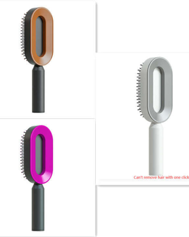 Three grooming brushes with different color accents on a white background