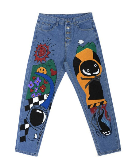 Blue jeans with colorful abstract designs on a white background