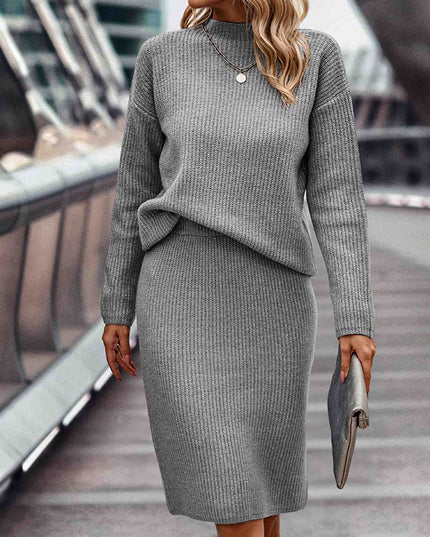 women's two piece pullover sweater and skirt outfit in a cozy grey knit design, perfect for effortless style