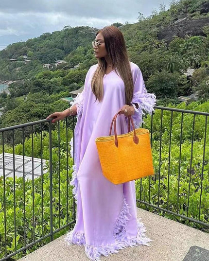 African Women's Loose Dress Luxury Fully Surrounded Light Feather Batwing Sleeve High Slit Robe