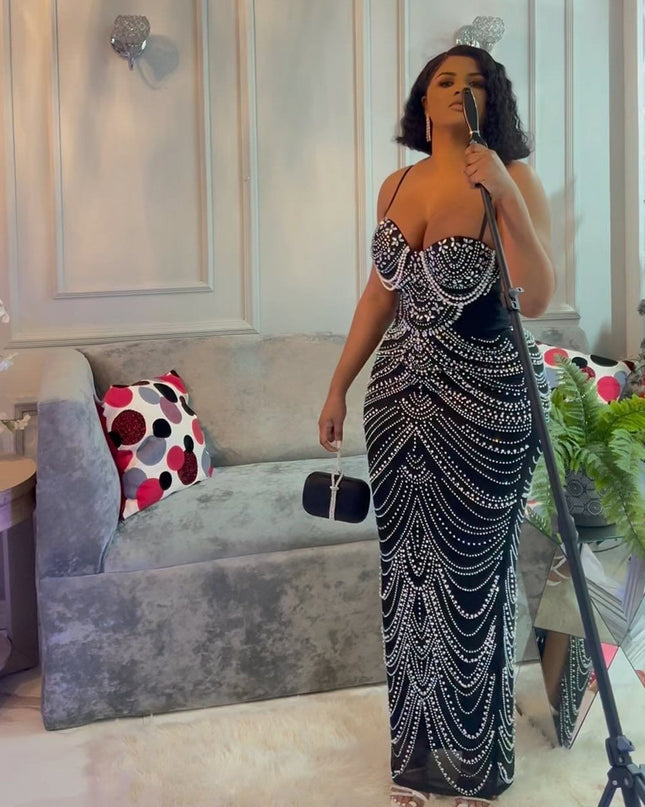 Sling Hot Drilling Foam Beads Evening Dress