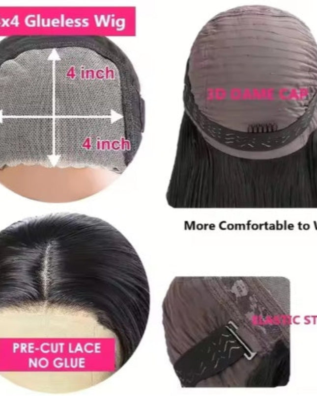 4x4 glueless wig with measurements and features highlighted on a white background