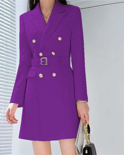 Purple coat with gold buttons worn by a person, against a neutral background