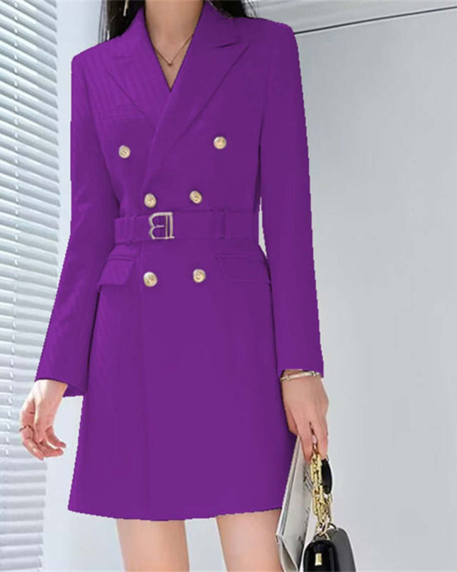 Purple coat with gold buttons worn by a person, against a neutral background