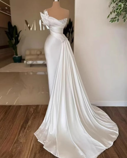 White Graceful Satin Simple Lightweight Wedding Dress Long Dress