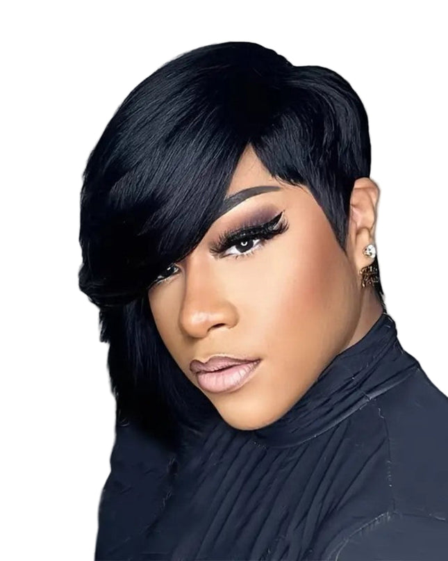 Woman with styled black hair against a gray background