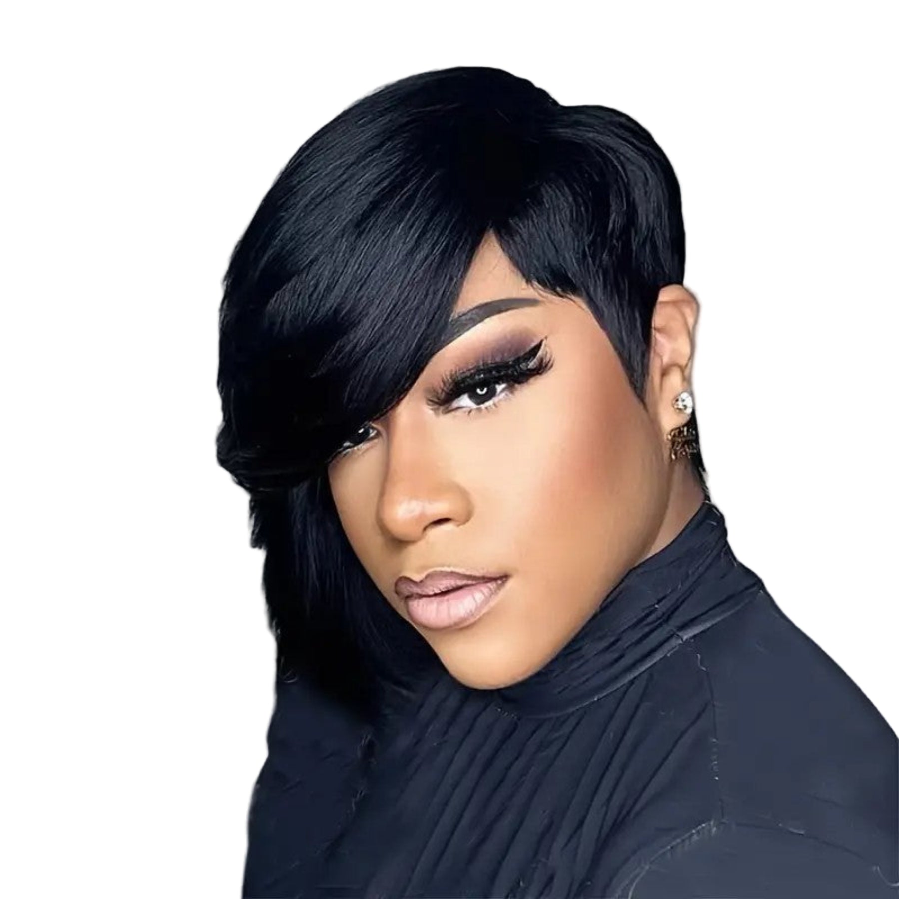 Woman with styled black hair against a gray background