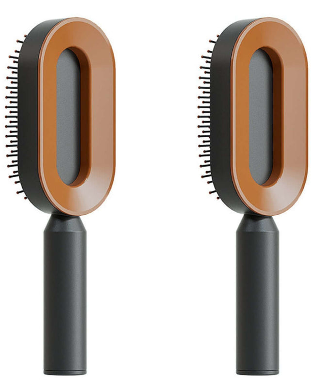 Two pet grooming brushes with brown circular ends and black handles on a white background