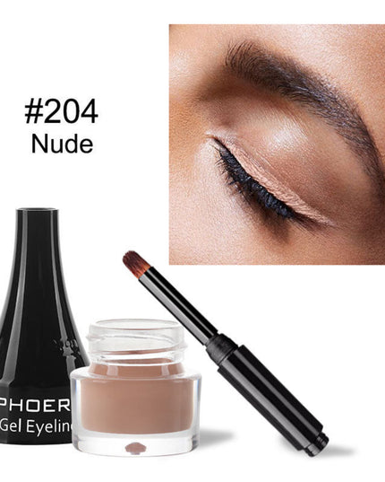 PHOER Gel Eyeliner with applicator and container, shown on a model's eyelid.