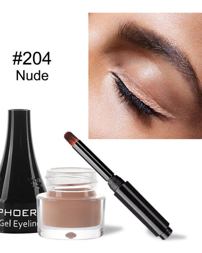 PHOER Gel Eyeliner with applicator and container, shown on a model's eyelid.