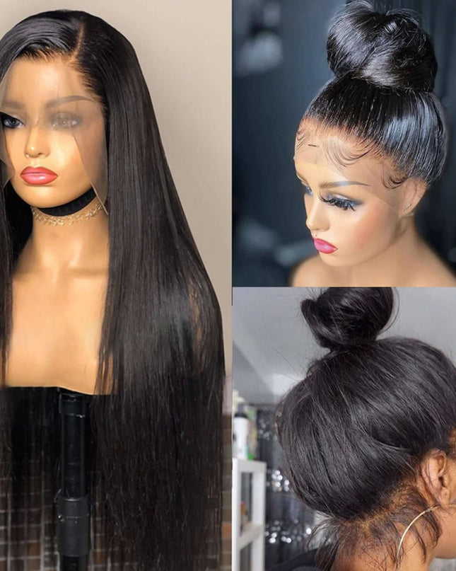 Collage of a black wig on a mannequin head, styled in a high bun, and from the back.