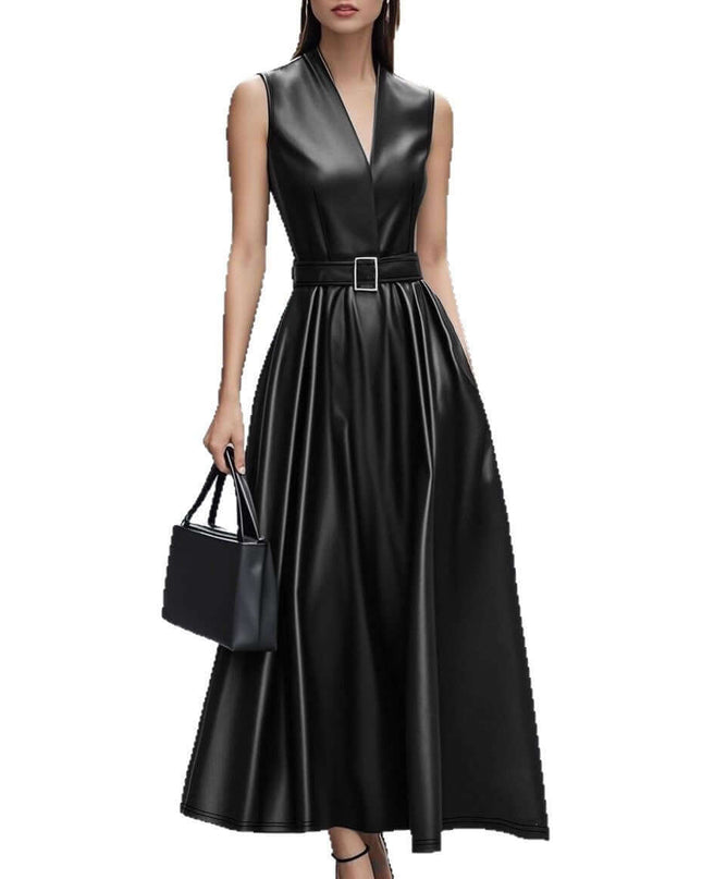 Fashionable Temperamental All-match Round Neck Sleeveless Belt Long Dress
