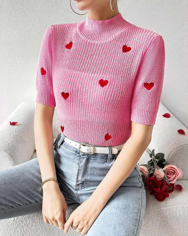 Fashion High-neck Heart Knit Short Sleeve Women