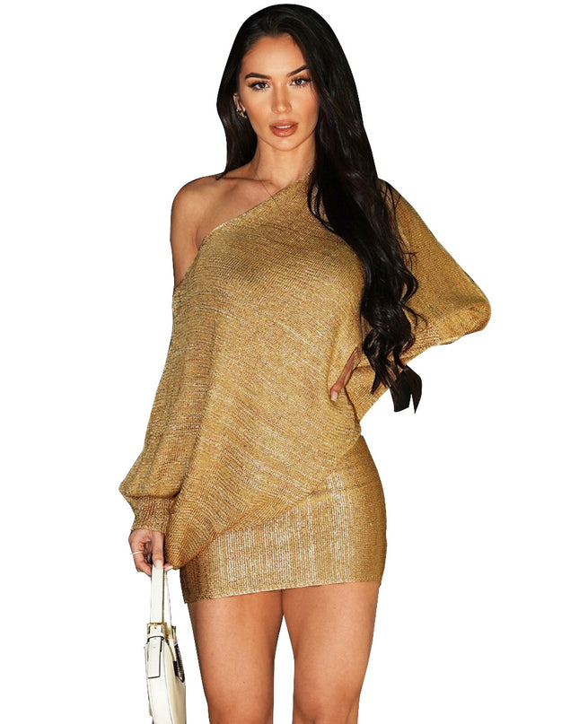 Woman wearing a gold one-shoulder dress on a white background