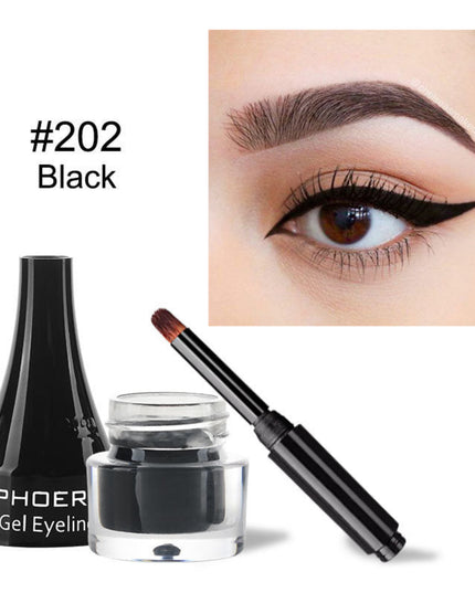 PHOER gel eyeliner with applicator and container, close-up of eye wearing black eyeliner.