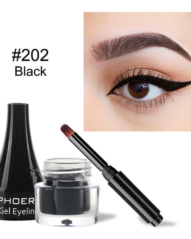PHOER gel eyeliner with applicator and container, close-up of eye wearing black eyeliner.