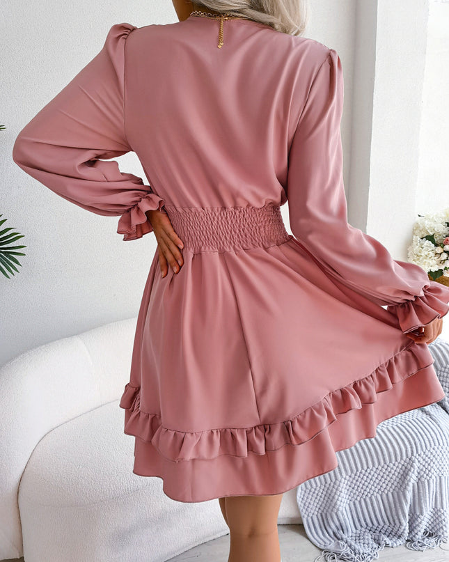 Summer Dresses Solid Color V-neck Long Sleeve Dress For Women Sexy V-neck Lace Up A-line Dress Women's Beach Dress