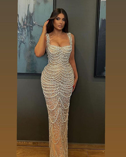 Nude Elegant Sling Light Luxury High-end Pearl Beaded Dress