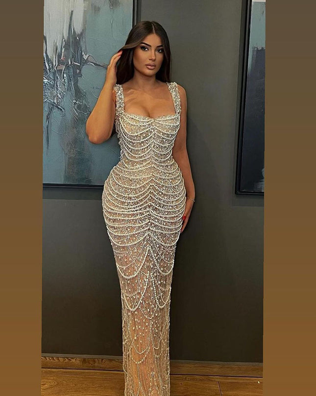 Nude Elegant Sling Light Luxury High-end Pearl Beaded Dress