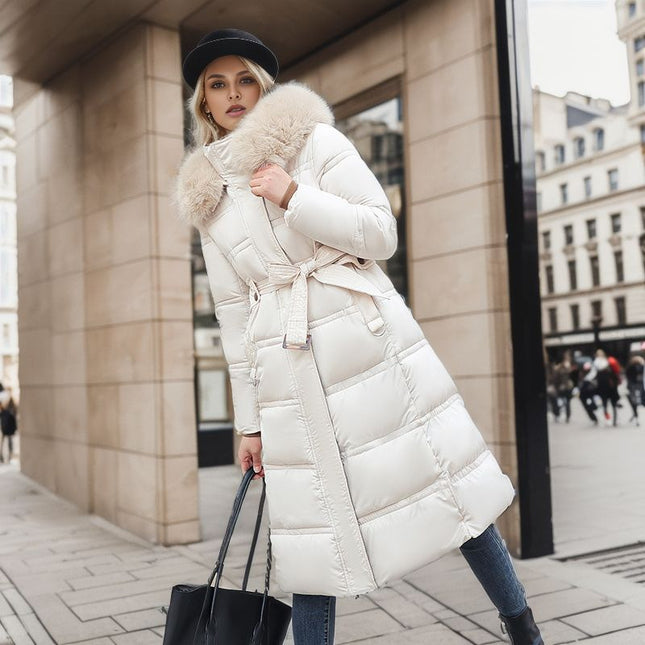 women's winter long jacket with fur hood, stylish and warm white coat with belt and fur lining