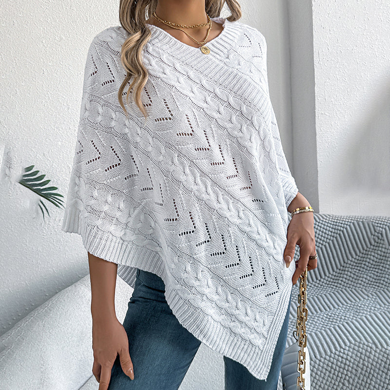 Women's Solid Color V-Neck Cape Sweater Batwing Sleeve Open-Knit Cardigan With Asymmetrical Hem