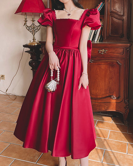 Winter Wine Red Engagement Daily French Princess On The Run Satin Dress