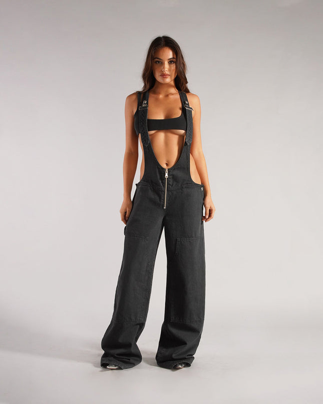 Y2K Zipper Denim Overalls With Pockets Fashion Loose Suspender Jumpsuit Streetwear Jeans Pants Womens Clothing