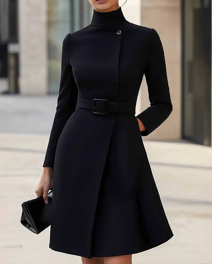 Elegant Midi Dress with Belt - Women's Slim Fit Dress