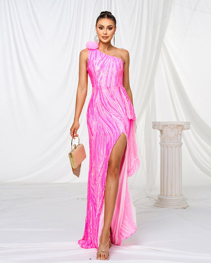 One-shoulder Diagonal Collar Sequined Slit Evening Dress