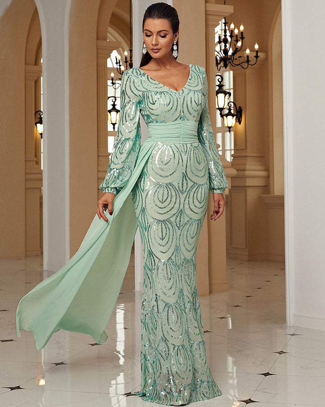 Long Sleeve Sexy Long Sequined V-neck Banquet Ribbon Evening Dress