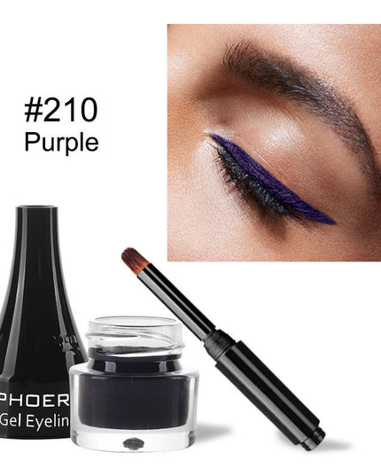 PHOER gel eyeliner with applicator and purple color swatch on eye