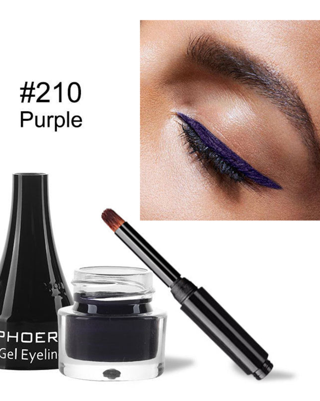 PHOER gel eyeliner with applicator and purple color swatch on eye