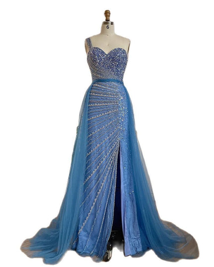 Blue Handmade Beaded Split Shoulder Fishtail Dress