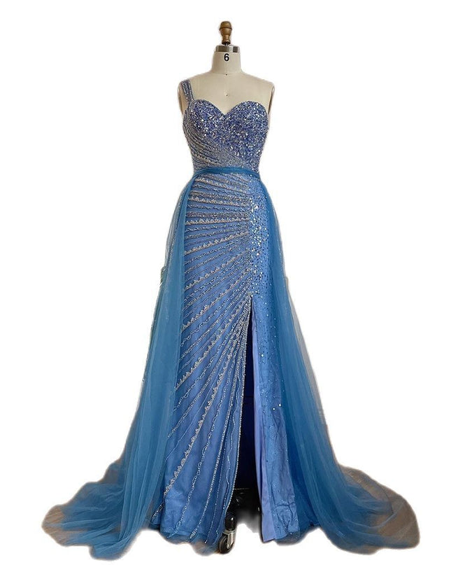 Blue Handmade Beaded Split Shoulder Fishtail Dress