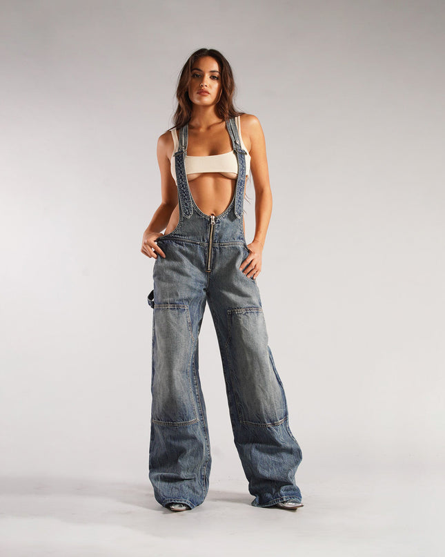 Y2K Zipper Denim Overalls With Pockets Fashion Loose Suspender Jumpsuit Streetwear Jeans Pants Womens Clothing