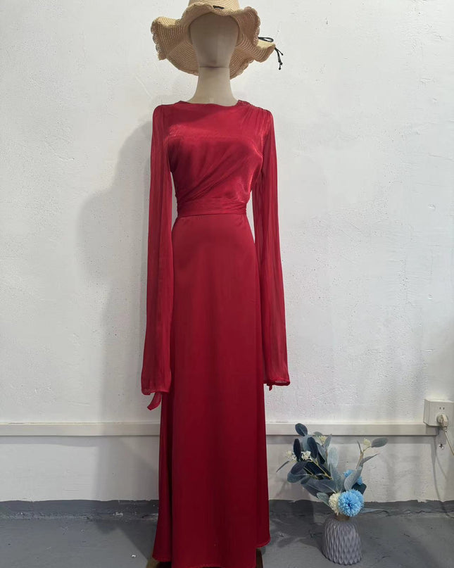 Elegant Summer Sleeve Contrast Chiffon & Satin Maxi Dress With Flared Cuffs - Slim Fit Long Dress For Women