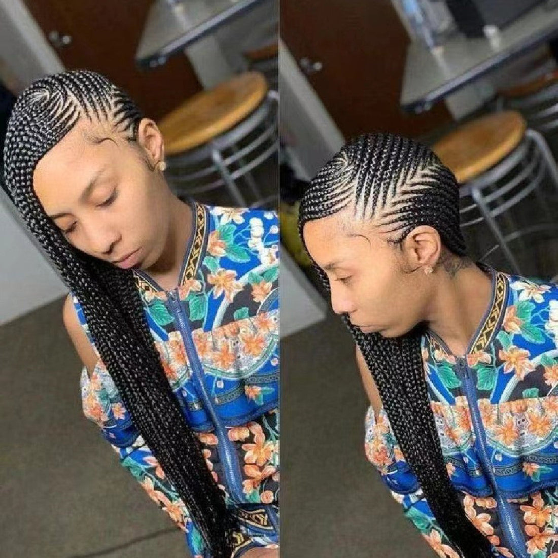 Person with braided hair wearing a colorful outfit in an indoor setting.