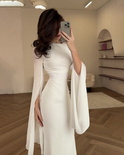 Elegant Summer Sleeve Contrast Chiffon & Satin Maxi Dress With Flared Cuffs - Slim Fit Long Dress For Women