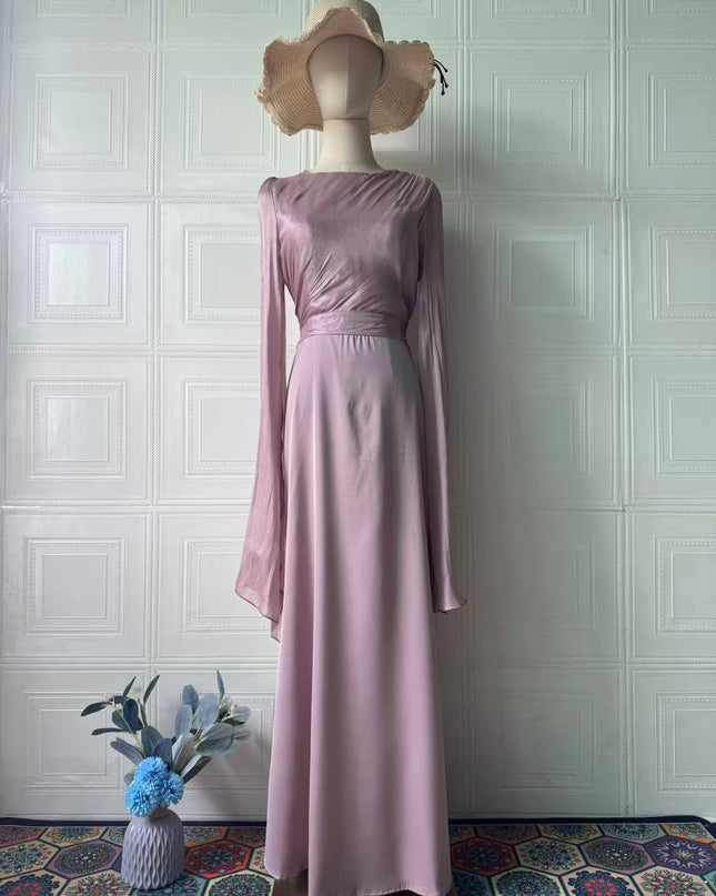 Elegant Summer Sleeve Contrast Chiffon & Satin Maxi Dress With Flared Cuffs - Slim Fit Long Dress For Women