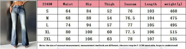 Table displaying measurements for a pair of jeans with size chart.