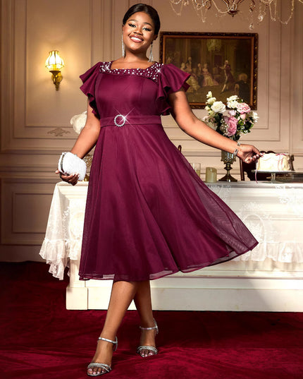 Summer Mesh Butterfly Sleeve Ruffles Party Wedding Guest Elegant Dress