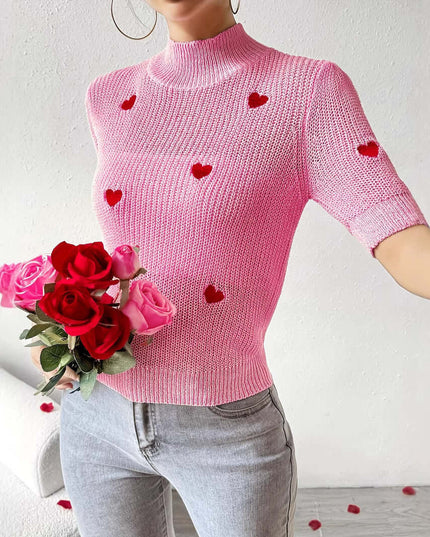Fashion High-neck Heart Knit Short Sleeve Women