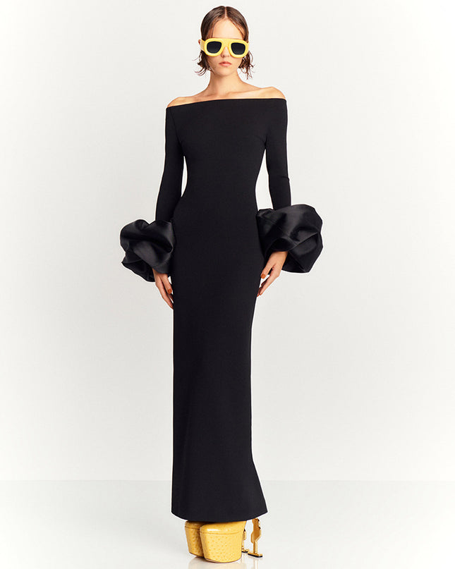 Dress Red And Black Slim-fit Long Sleeve French Lantern Sleeve Dress