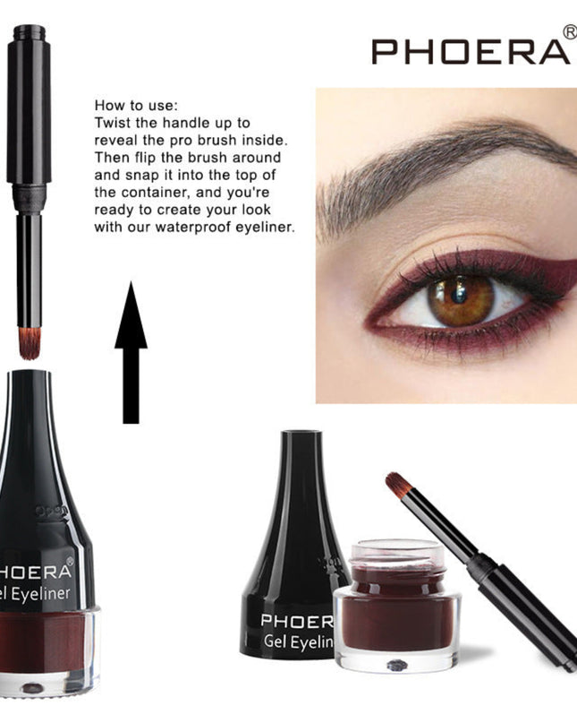 PHOERA gel eyeliner with usage instructions and close-up of application on eye.