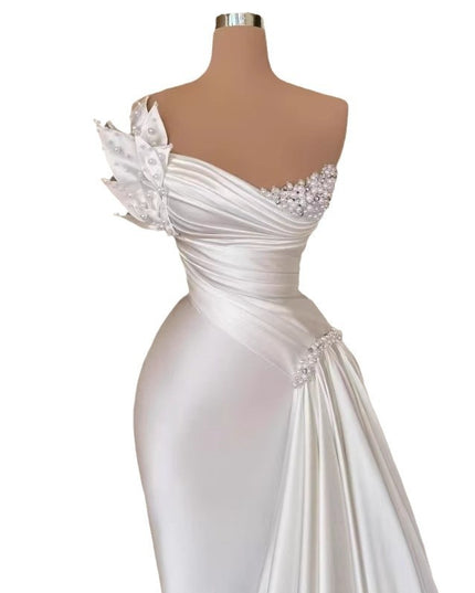 White Graceful Satin Simple Lightweight Wedding Dress Long Dress